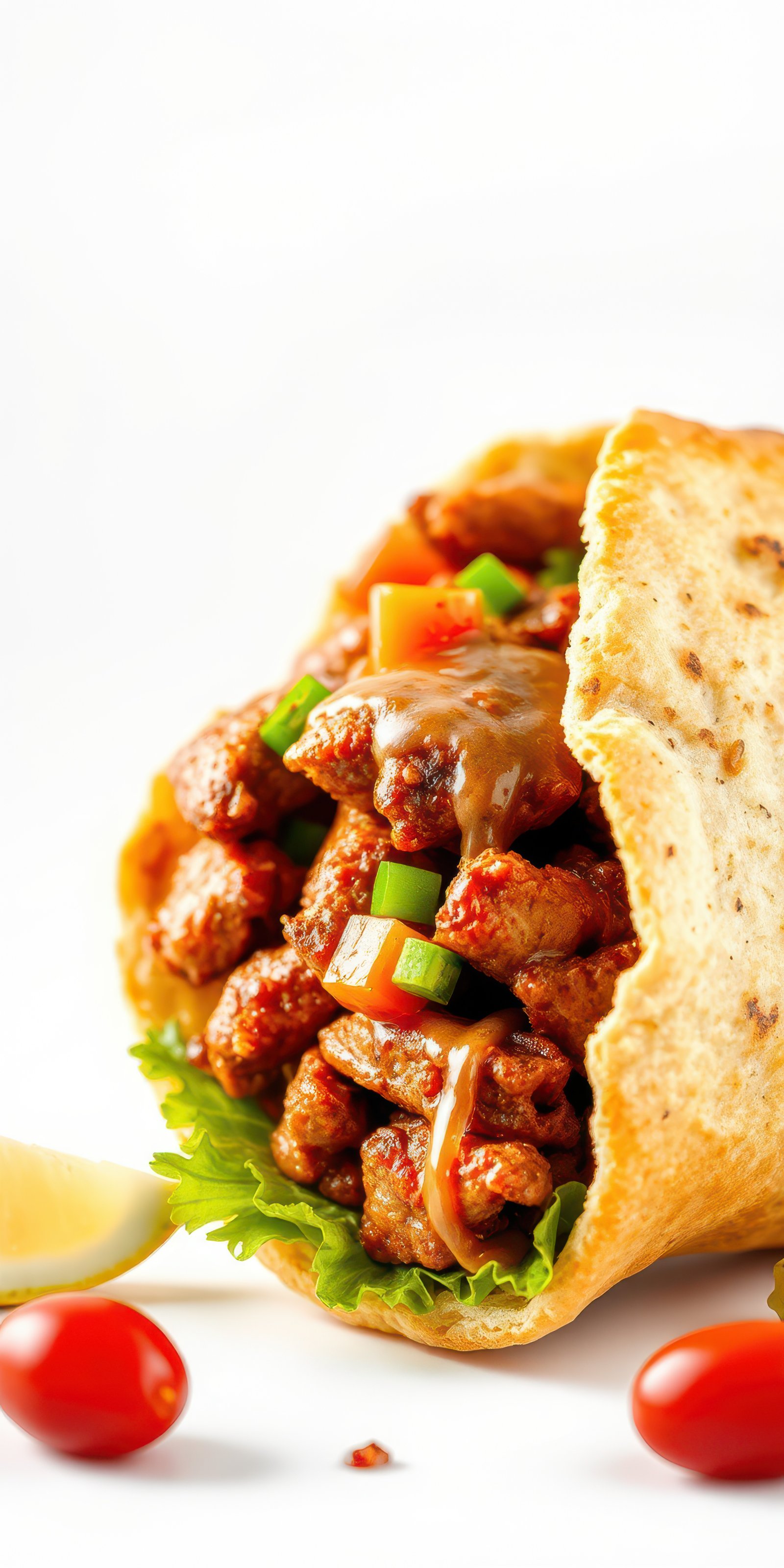 Tasty wrap filled with spicy meat, fresh vegetables, and sauce garnished with cherry tomatoes and lime